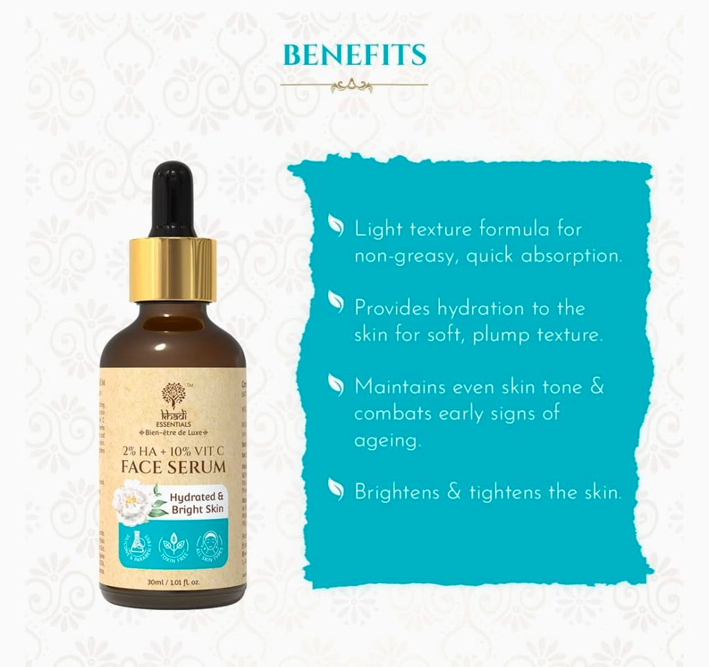 Khadi Essentials 2% HA + 10% Vitamin C Face Serum for Hydrated & Bright Skin, 30ml