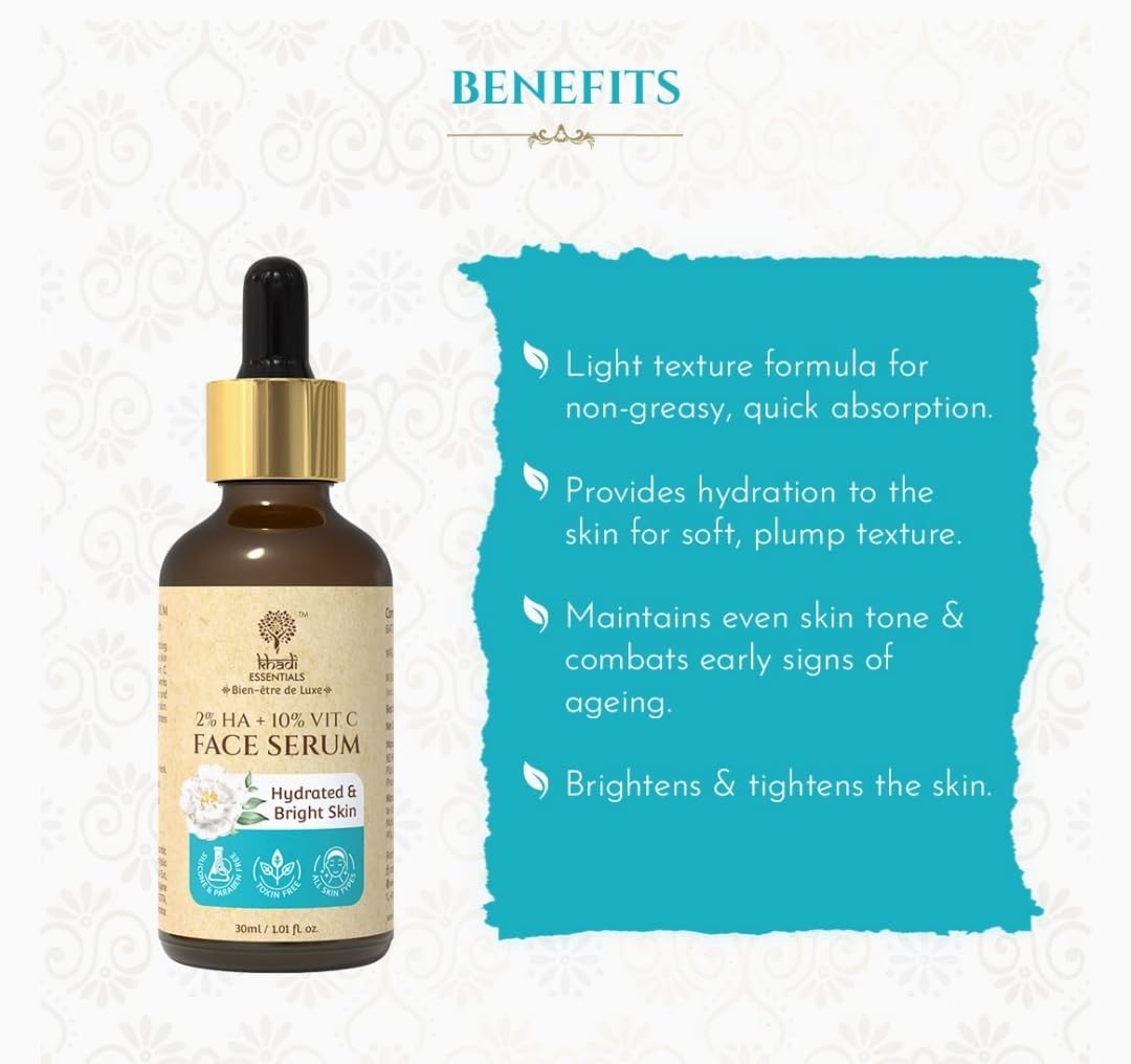 Khadi Essentials 2% HA + 10% Vitamin C Face Serum for Hydrated & Bright Skin, 30ml