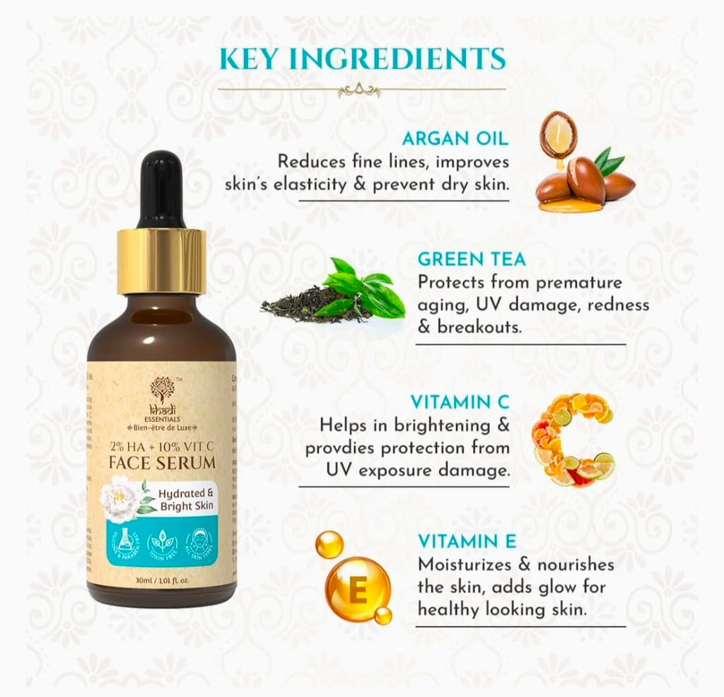 Khadi Essentials 2% HA + 10% Vitamin C Face Serum for Hydrated & Bright Skin, 30ml