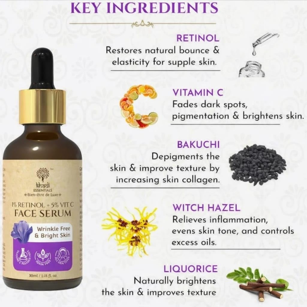 Khadi Herbal Essentials 1% Retinol + 5% Vit C Face Serum with Bakuchi (30ml)