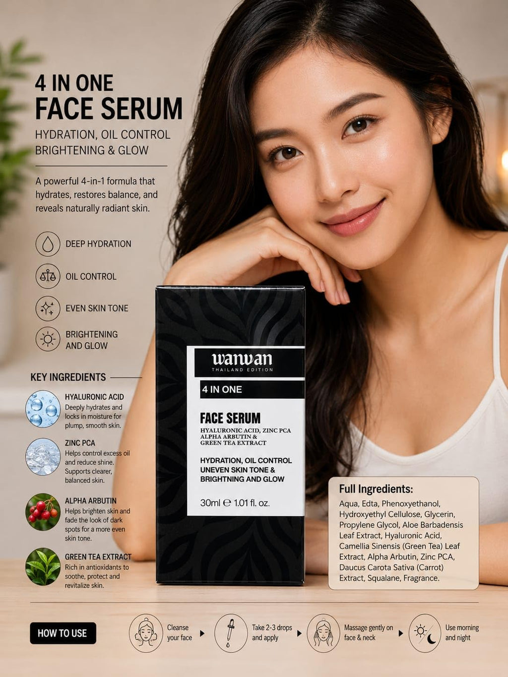 WANVAN Face Serum - Wanwan Thailand Edition 4-in-1 Hydrating & Brightening Formula with Hyaluronic Acid, Alpha Arbutin, Zinc PCA & Green Tea Extract (30ml)